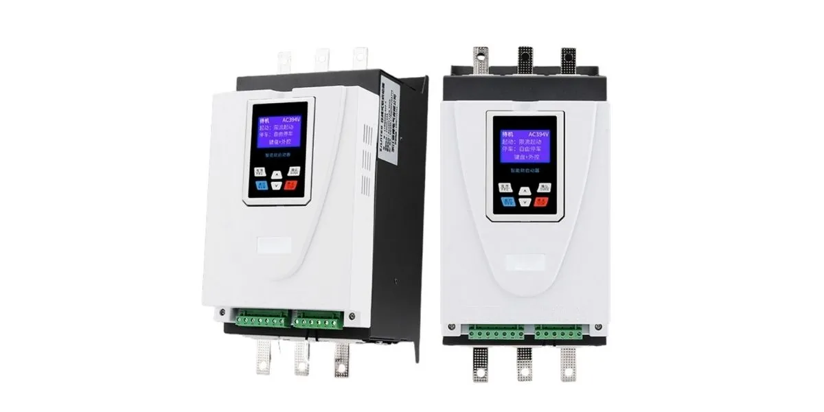 Engineer installing soft starter in control cabinet with proper wiring